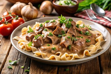 Classic beef stroganoff in a rich, creamy sauce with mushrooms, served over tender egg noodles and garnished with fresh parsley on a rustic plate.