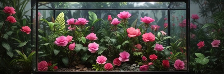 Obraz premium Colorful tropical plants and flowers in a large glass terrarium with a few pink roses , glass container, tropical plants