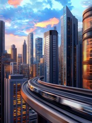 Fototapeta premium Modern Urban Skyline with Elevated Transit - A vibrant cityscape showcasing skyscrapers at sunset, featuring an elevated transit system winding through the urban environment.