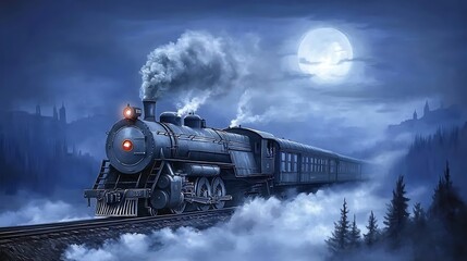 A Steam Locomotive Traveling Through a Foggy Landscape Underneath a Full Moon