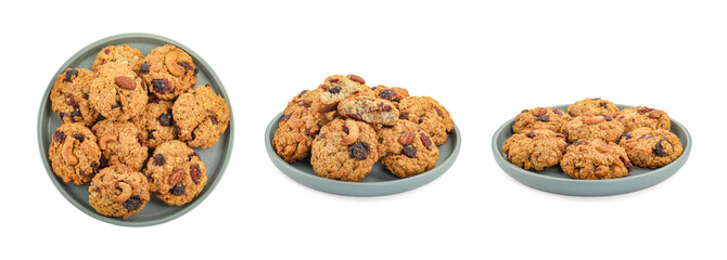 Yummy cookies with nuts and dried cranberries isolated on white, collage