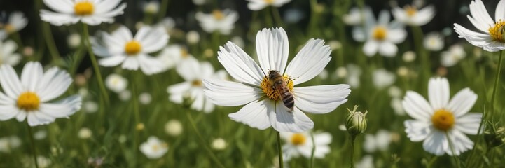 Obraz premium A bee collecting nectar from the delicate white petals of Cosmos bipinnata in a meadow , nectar, bee, insect