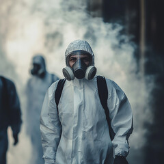 person in a mask on the street ,Air pollution in the world and see smoke from chimney