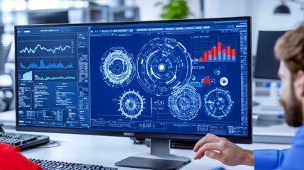 Data Driven Decisions: A professional analyzes complex data visualizations on a modern computer monitor, symbolizing a data-driven approach to business and technological advancements.  