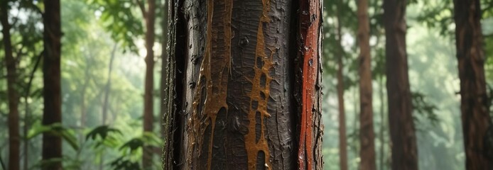 Obraz premium Natural latex sap dripping from the trunk of a rubber tree in the forest, natural latex sap, rubber industry