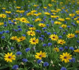 Obraz premium Delicate yellow and blue cornflowers growing in a sea of green, wildflowers, green fields, small blooms