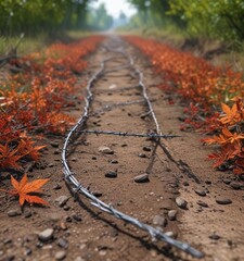 Fototapeta premium A single strand of barbed wire lying on the ground with leaves and twigs nearby, foliage, natural