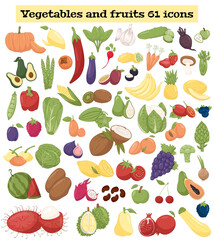 A set of 61 colorful icons of fruits and vegetables. Vector illustration
