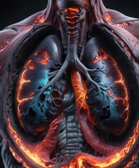 A blackened lung cavity with a healthy lung in the foreground, lung health contrast, oxygen deprivation, lung scarring