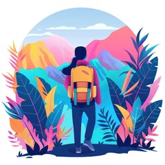 Woman hiker admiring vibrant mountain landscape.