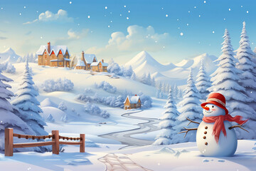 Fototapeta premium Snowman in the forest. Whimsical Winter Scene with a Majestic Deer in a Snowy Forest – Festive Holiday Illustration