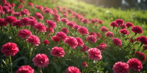 Carnations in a field of greenery with sunlight filtering through, landscape, garden