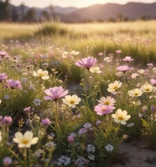 Fototapeta premium Pale yellow and pale pink flowers in a dry meadow illuminated by the soft light of late afternoon, pale yellow petals, wispy clouds, desolate landscape