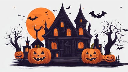 Fototapeta premium A creepy Halloween party with evil pumpkins, castles and bats. Background with space for text.