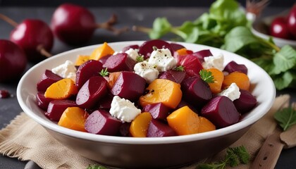 Colorful arrangement of pickled beets, creamy goat cheese, and BBQ sauce in a bowl , salad, bbq, crunchy