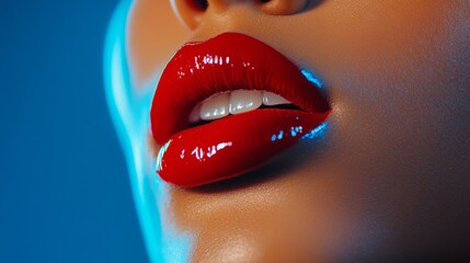Obraz premium Radiant Red Lips Close-Up - A stunning close-up of lips adorned with glossy red lipstick, highlighting the beauty of makeup artistry and skin texture under soft lighting.