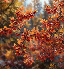 Autumn foliage and berries of Thunberg barberry bush against a colorful background , garden scenery, outdoor scenery, deciduous trees