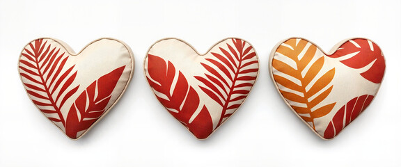 Obraz premium Stylish heart-shaped cushions with tropical leaf patterns in warm colors on a light background