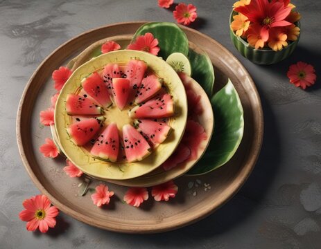 Plato decorado con trozos de sandia y flor de jengibre, fruit arrangement, colorful garnish