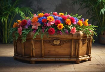 An exotic bamboo casket is adorned with colorful flowers and foliage, creating a vibrant and lively atmosphere , lively ambiance , bamboo casket