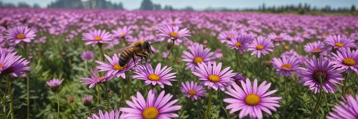 Obraz premium Large bee flying over a field of tall purple daisies, insect life, field, purple
