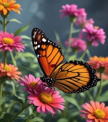 Obraz premium a monarch butterfly sipping nectar from a colorful flower, landscape, nature