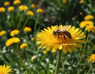 Obraz premium A single honey bee resting on the soft petals of a bright yellow dandelion flower , dandelions, nature, petals
