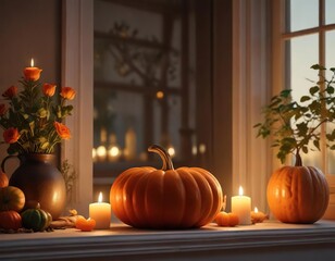 A stylish and inviting windowsill featuring a large pumpkin and several candles in a warm, autumnal glow, candlelight, warm glow