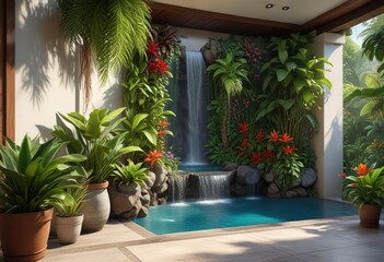 Obraz premium A tranquil balcony oasis with a waterfall feature and tropical plants, balcony, serene atmosphere,