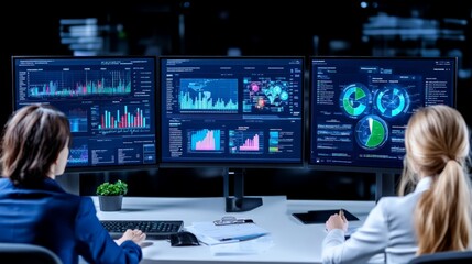 Data Driven Decisions: Two focused professionals analyze intricate data visualizations on a triple monitor setup, highlighting the power of analytics in modern business.