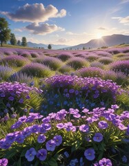 Fototapeta premium A beautiful meadow filled with a variety of purple flowers including lavender and pansies amidst a bright blue sky, fields of flowers, nature scenery, wildflower field