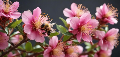 A bee walking on the petals of an Indian Hawthorn flower, insect life, insect photography