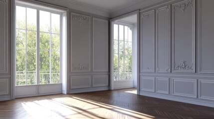 Fototapeta premium Sunlit empty room with classic French-style wainscoting, hardwood floors, and large windows.