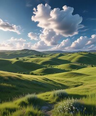 Obraz premium Serene summer landscape with rolling hills and a clear blue sky adorned with puffy white clouds, sunlight, rural scenery