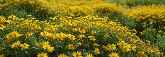 Swarm of bees surrounding a sea of bright yellow spring groundsel blooms, flower field, outdoor