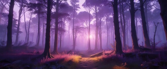 Obraz premium vibrant purple rays illuminating mystical forest at dusk , ancient woods, mysterious landscape, mystical forest