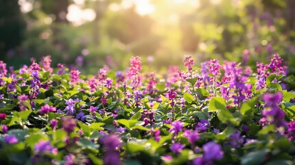 Obraz premium Purple flowers and leaves arranged in a natural setting like a forest or meadow with a soft focus effect, nature scene, wildflower fields., fall colors, woodland scenes, home decor inspiration