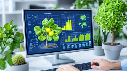 Sustainable Growth: A 3D rendering of a flourishing plant on a computer screen alongside data visualizations, symbolizing the potential of sustainable practices for business growth.  