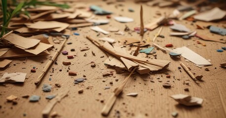 Naklejka premium Bamboo toothpick lies on the ground amidst broken cardboard and paper fragments, cardboard fragments, natural material, forest floor