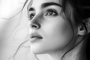 Fototapeta premium Beautiful Young Woman in Thoughtful Portrait, Gazing Left with a White Background