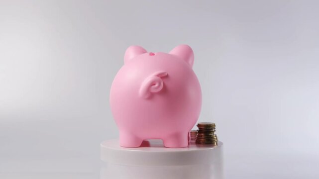 Hand of male placing a banknote into a pink piggy bank, while coins and additional banknotes are scattered around, white background