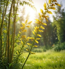 Bamboo stalk with curly, yellow-green leaves and flowers on a sunny meadow, botanical, leafy greens, nature photography
