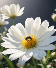Obraz premium A single bee flies towards a large white flower, single bee, fly, nature