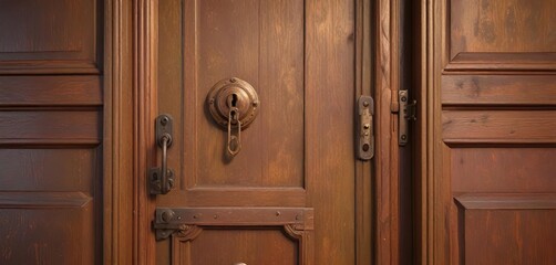 Obraz premium Gold and copper tones of a vintage door with a bronze lock, copper, antique, rustic