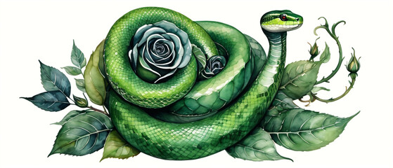 A green snake adorned with a flower symbolizes a year of growth and prosperity.