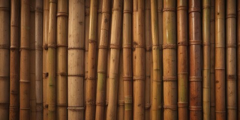 Fototapeta premium Bamboo wall with brown rope wrapped around wooden pillars, wooden pillars, earthy tone