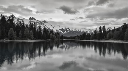 Fototapeta premium Landscape with lake Black and white reflecting snow-capped mountains and trees, under cloudy sky creating an atmosphere of solitude and peace in nature