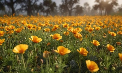Obraz premium A field of golden poppies swaying gently in the breeze , spring landscape, natural scenery, golden poppy