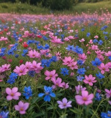 Blue and pink wildflowers blooming in a field, nature, colorful flowers