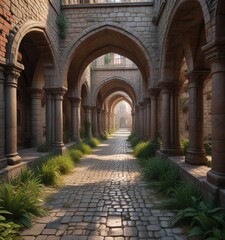 Medieval castle courtyard maze with moat and arches, ancient, architecture